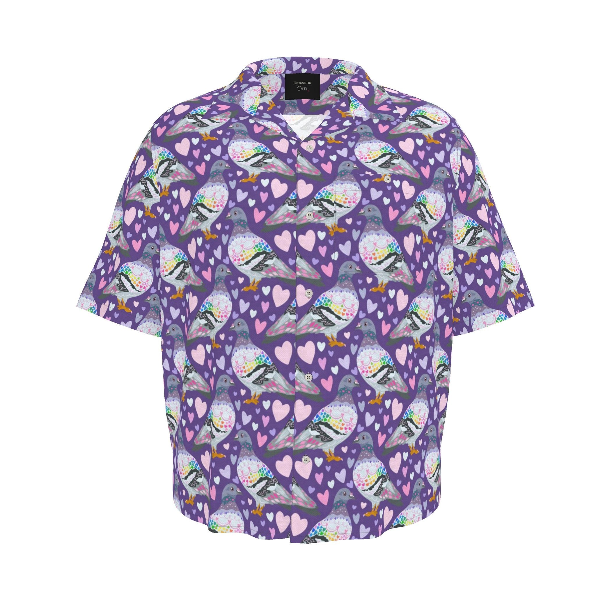Mens Pigeon Love luxury button-up revere shirt by Contrado, UK-made, with a stylish collar and detailed fabric pattern.