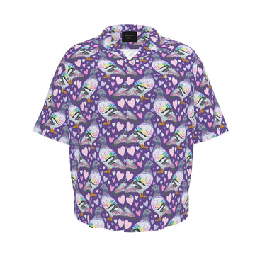 Mens Pigeon Love luxury button-up revere shirt by Contrado, UK-made, with a stylish collar and detailed fabric pattern.