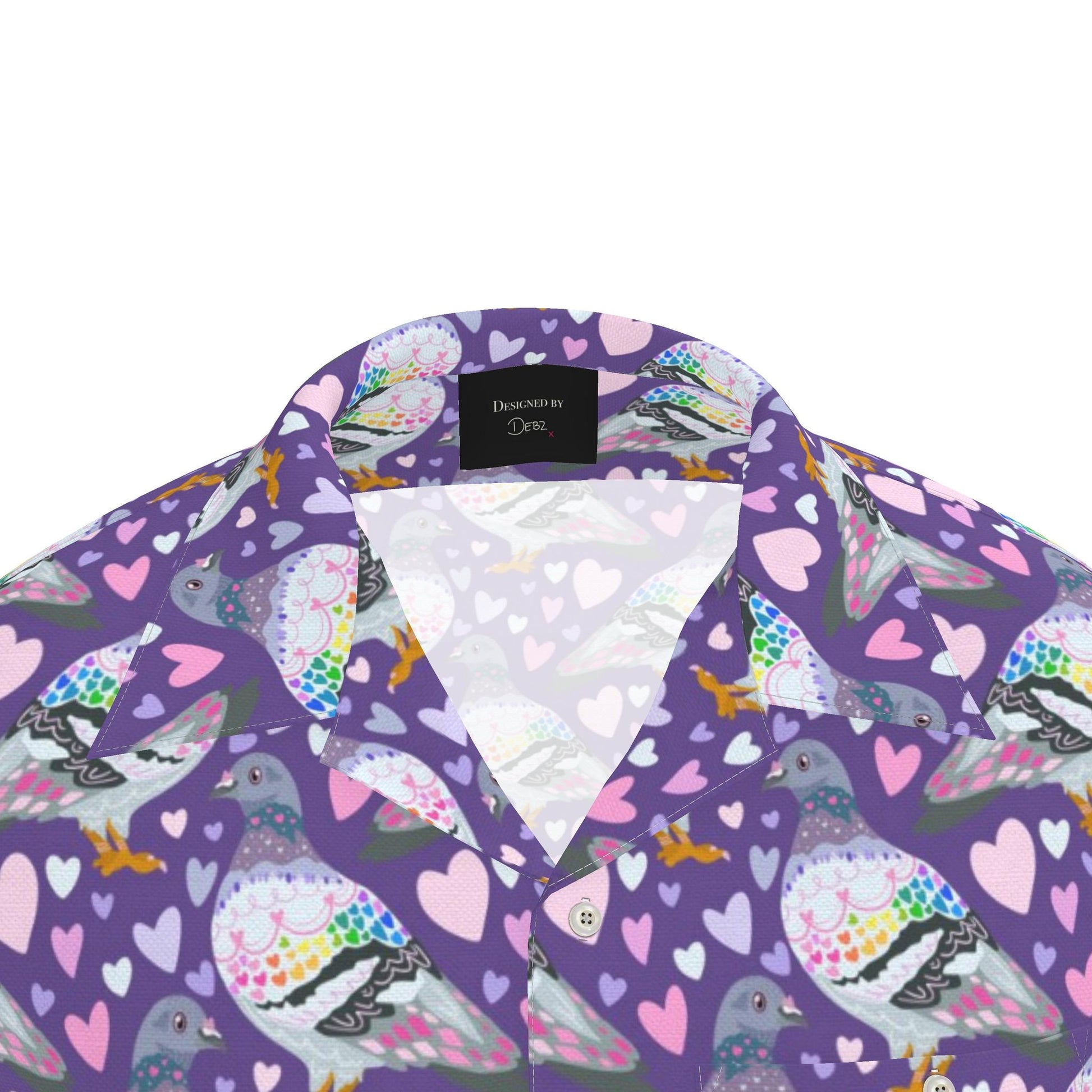 Contrado men's Pigeon Love luxury button-up revere shirt, UK made to order, with detailed fabric pattern and classic collar.