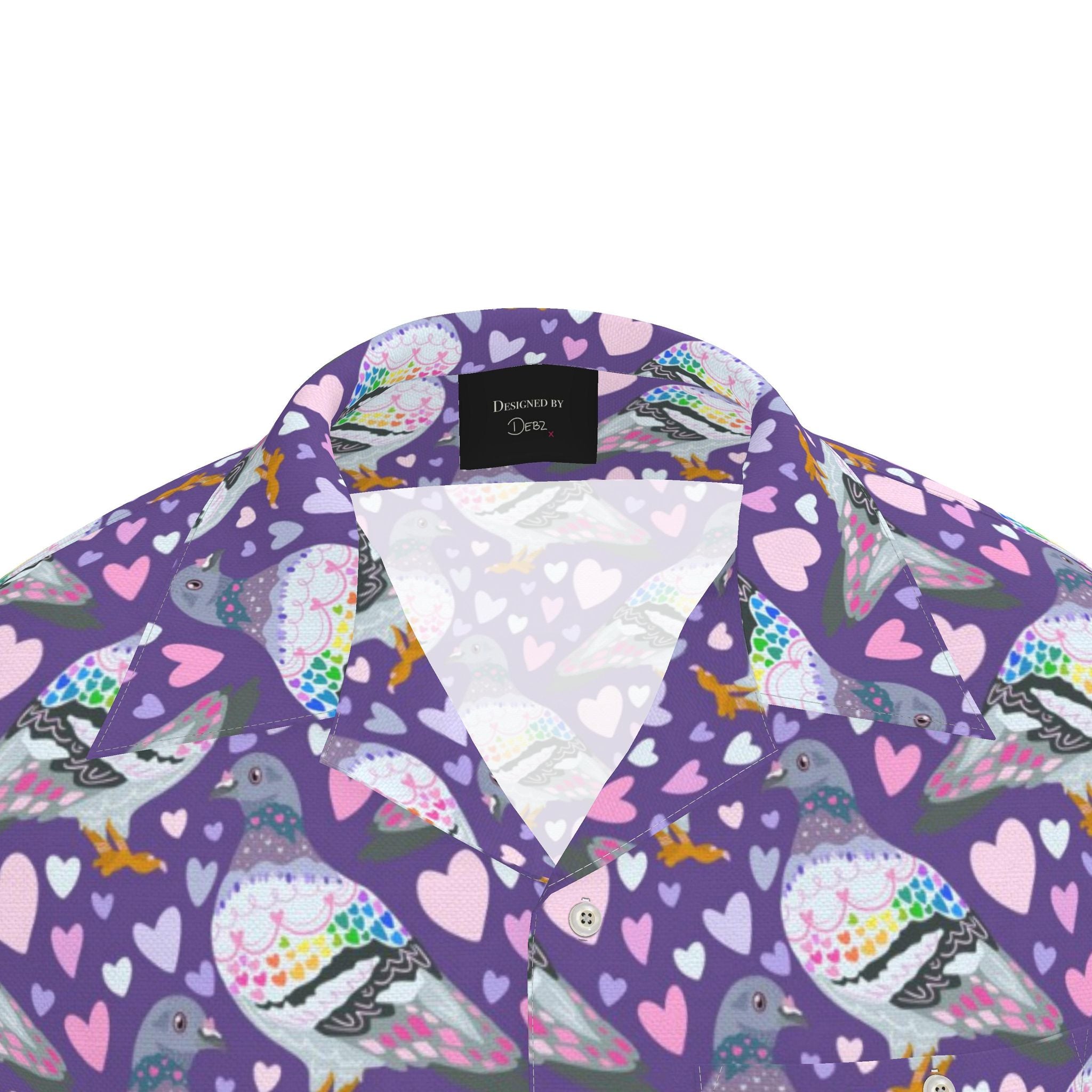 Contrado men's Pigeon Love luxury button-up revere shirt, UK made to order, with detailed fabric pattern and classic collar.