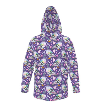 Contrado pigeon love hoodie, unisex print hoodie made to order in the UK, featuring a colorful pigeon graphic.