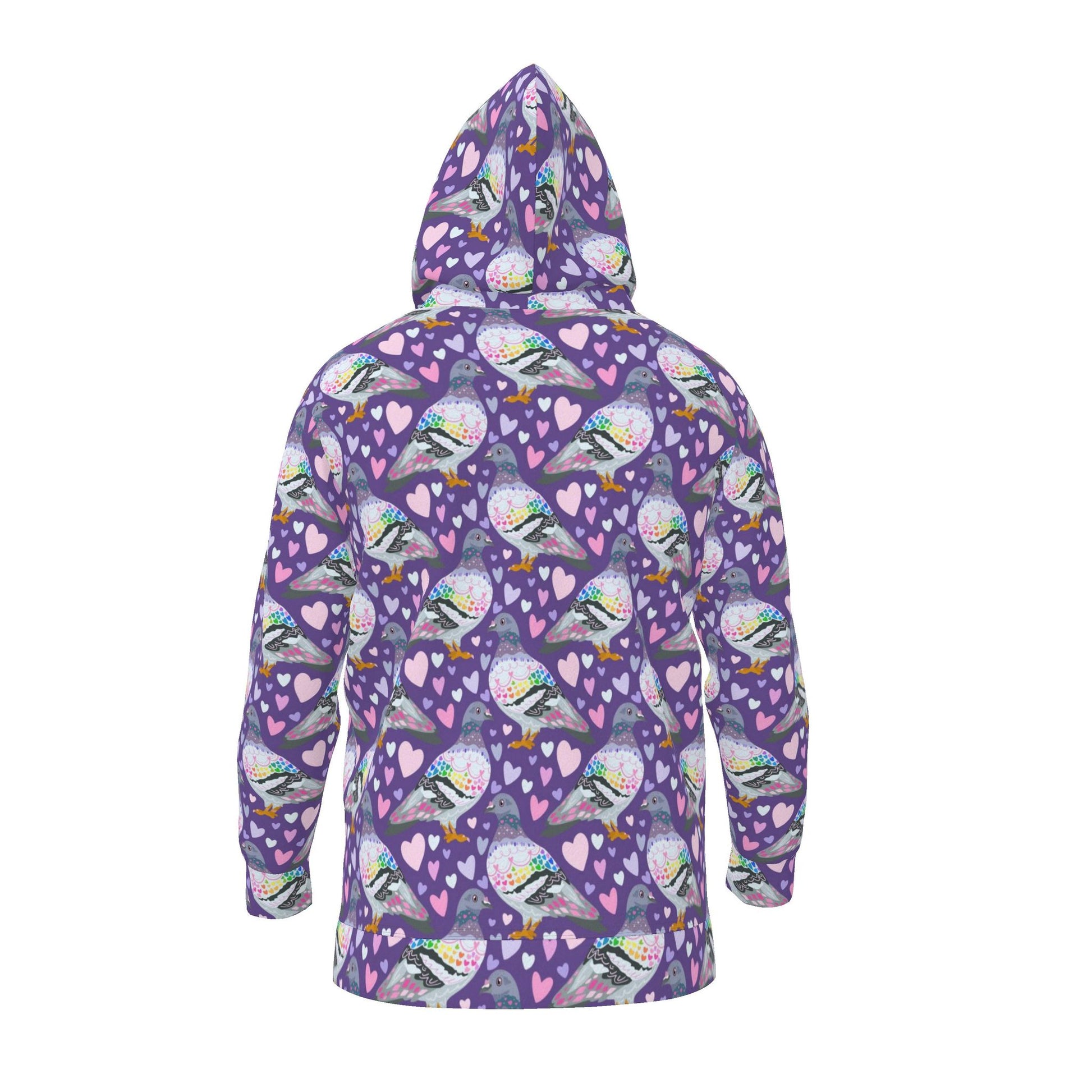 Unisex Pigeon Love hoodie by Contrado featuring a colorful pigeon print on a soft, comfortable fabric.