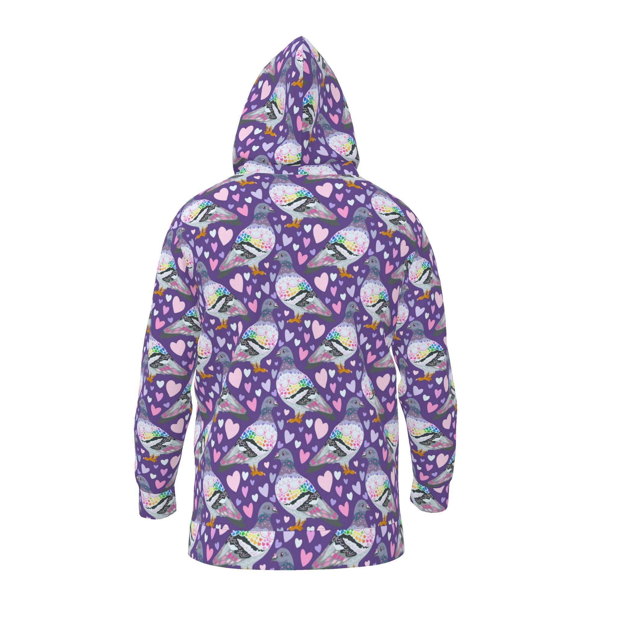 Unisex Pigeon Love hoodie by Contrado featuring a colorful pigeon print on a soft, comfortable fabric.