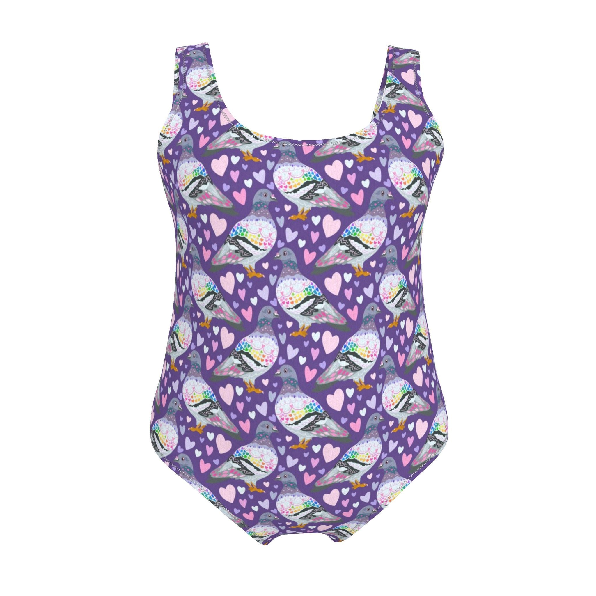 Pigeon Love Print full coverage swimsuit | UK Made | 2XS - 7XL