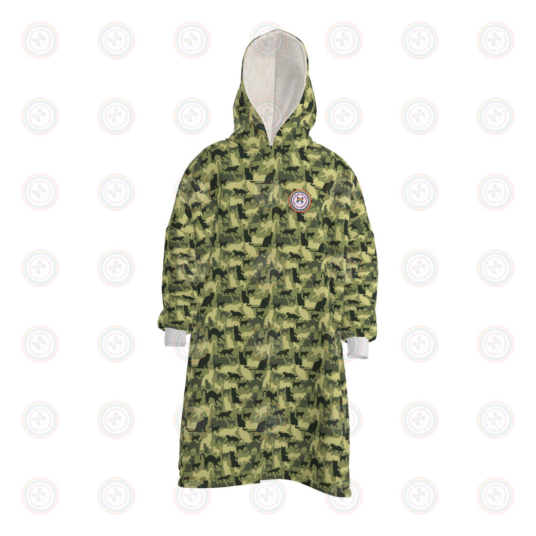 A hooded robe with a green and yellow camouflage pattern, featuring a white hood lining and white cuffs, with a circular crest patch on the left chest.