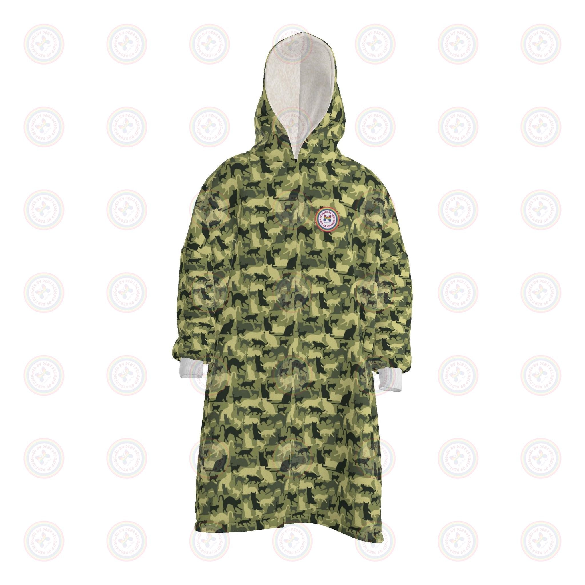 A hooded robe with a green and yellow camouflage pattern, featuring a white hood lining and white cuffs, with a circular crest patch on the left chest.