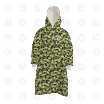 A hooded robe with a green and yellow camouflage pattern, featuring a white hood lining and white cuffs, with a circular crest patch on the left chest.