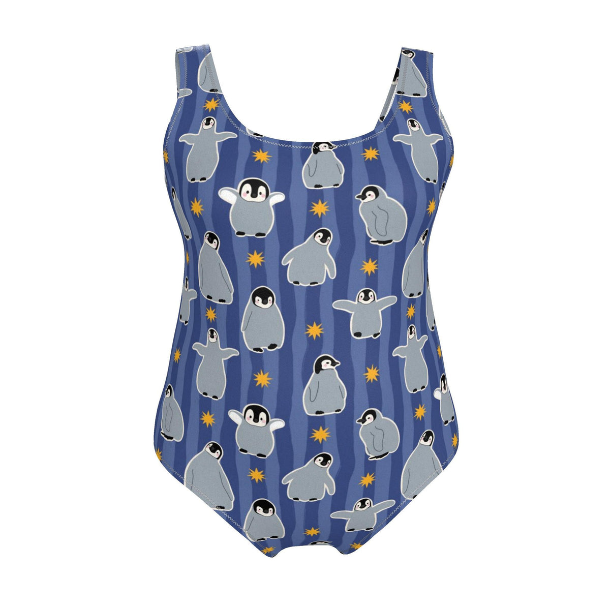 Penguins and Stars Blue Striped One-Piece Swimsuit | Handmade in UK