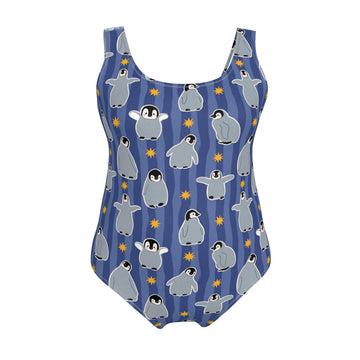 Penguins and Stars Blue Striped One-Piece Swimsuit | Handmade in UK