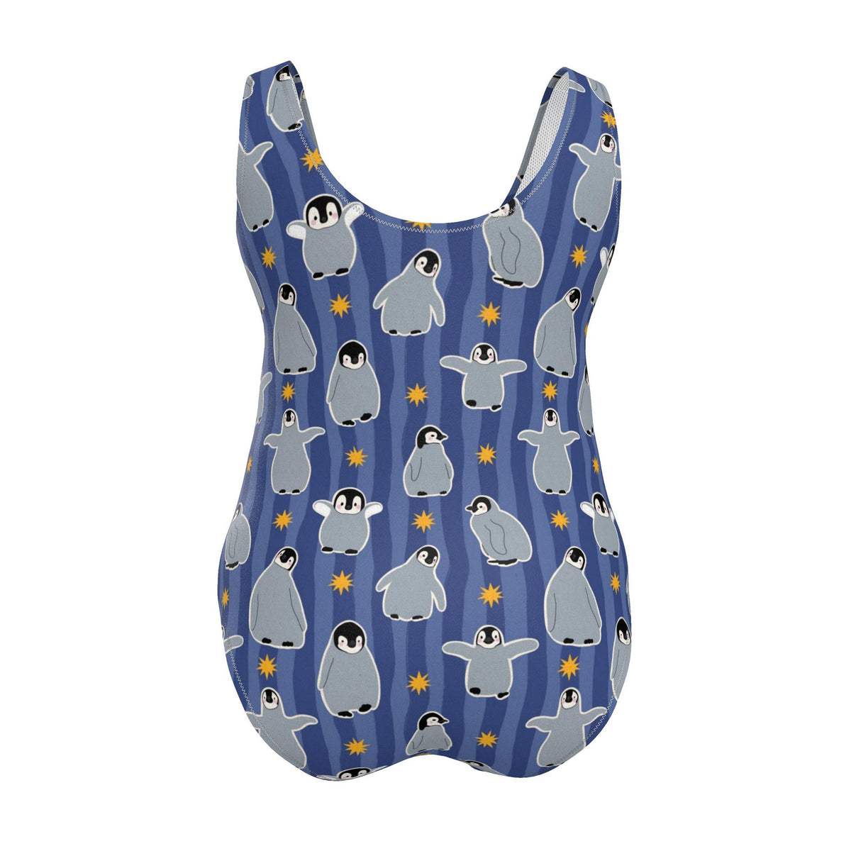 Penguins and Stars Blue Striped One-Piece Swimsuit | Handmade in UK