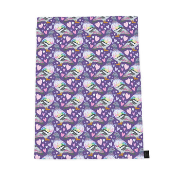 Floral pigeon patterned fabric swatch on a white background