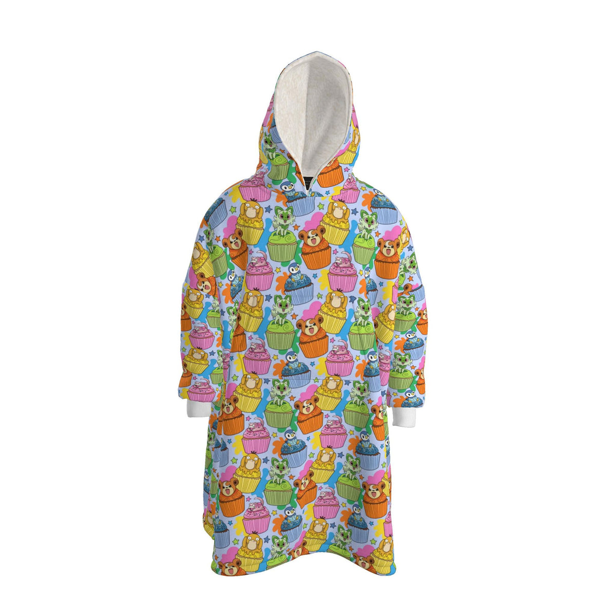 A hooded long-sleeve robe or poncho featuring an all-over colorful cartoon pattern of animals in flower pots, with a light beige sherpa-lined hood and cuffs, shown on a plain white background.
