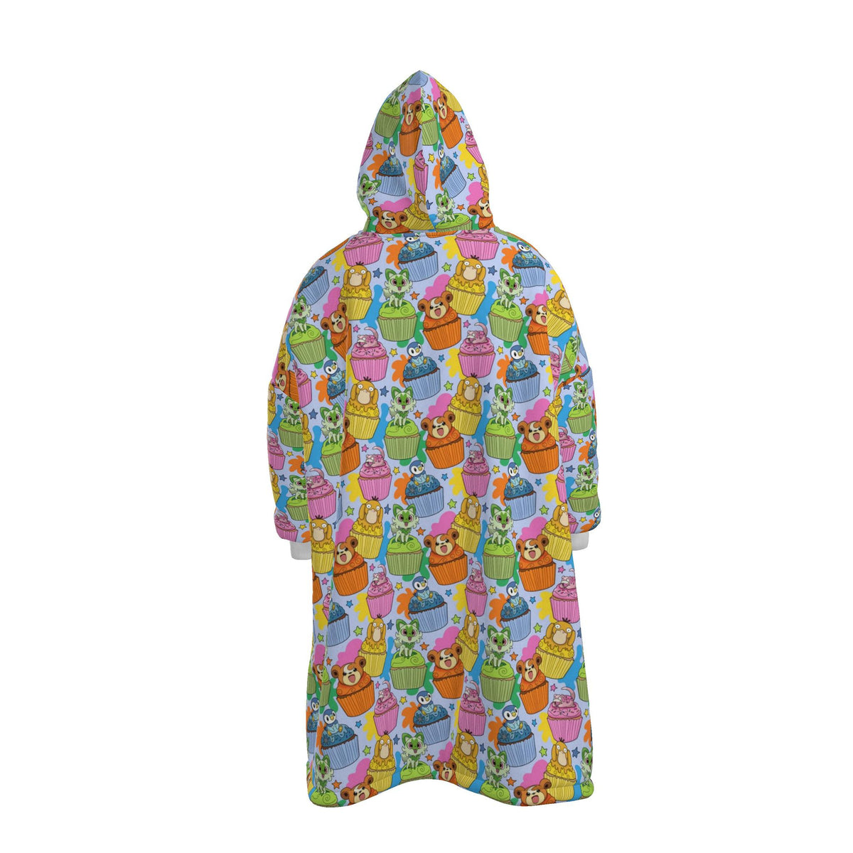 A hooded robe shown from the back, featuring a colorful cartoon pattern of potted plants and flowers on a light blue background.