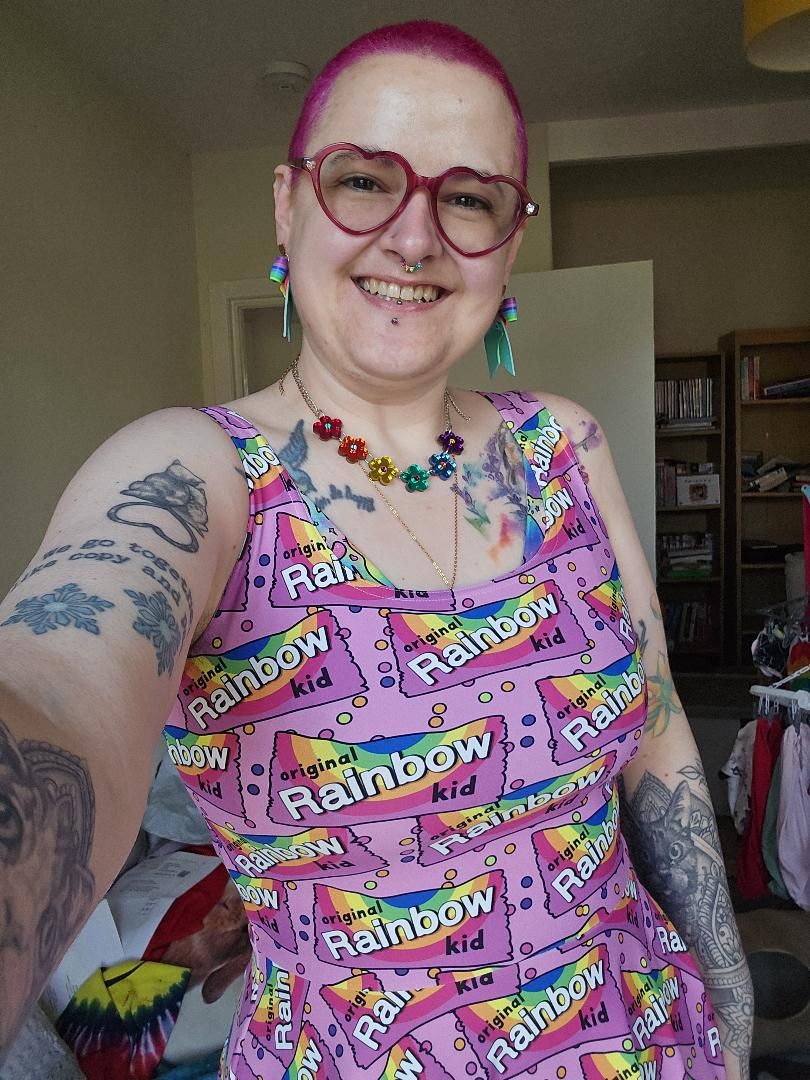 Rainbow Skater Dress by Designed By Debz featuring colorful, recycled fabric and a flared, youthful silhouette.