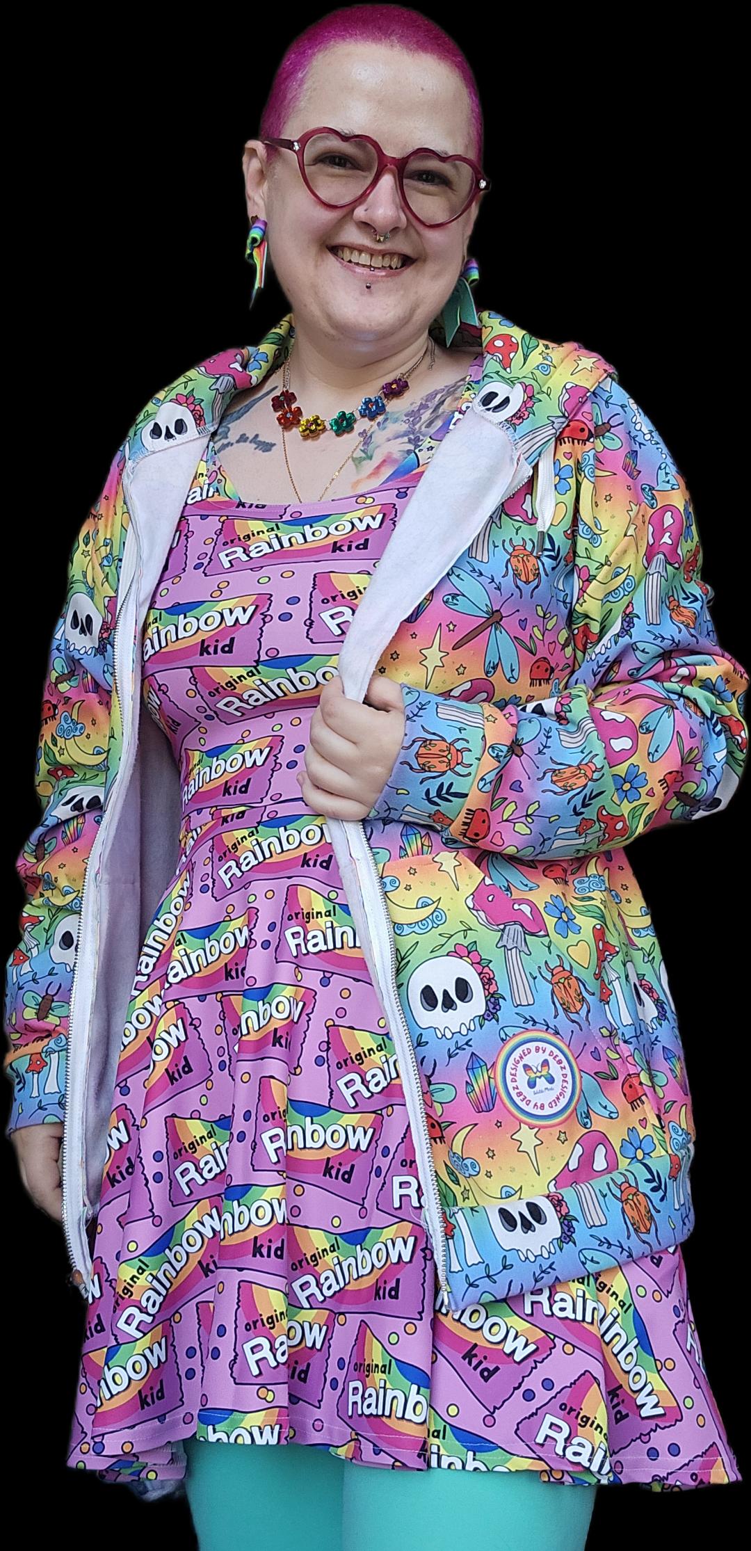 Rainbow-themed skater dress by Designed By Debz featuring vibrant colors and a recycled fabric for eco-friendly fashion.