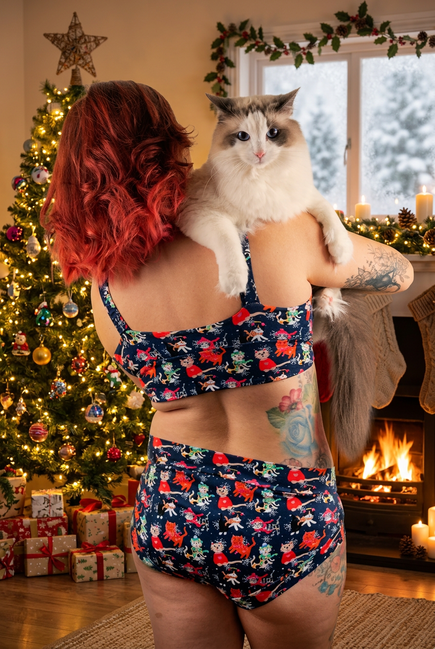 A woman with red hair is shown from behind wearing a navy blue two-piece swimsuit with a colorful floral print, while holding a fluffy white and gray cat on her shoulders against a solid white background.