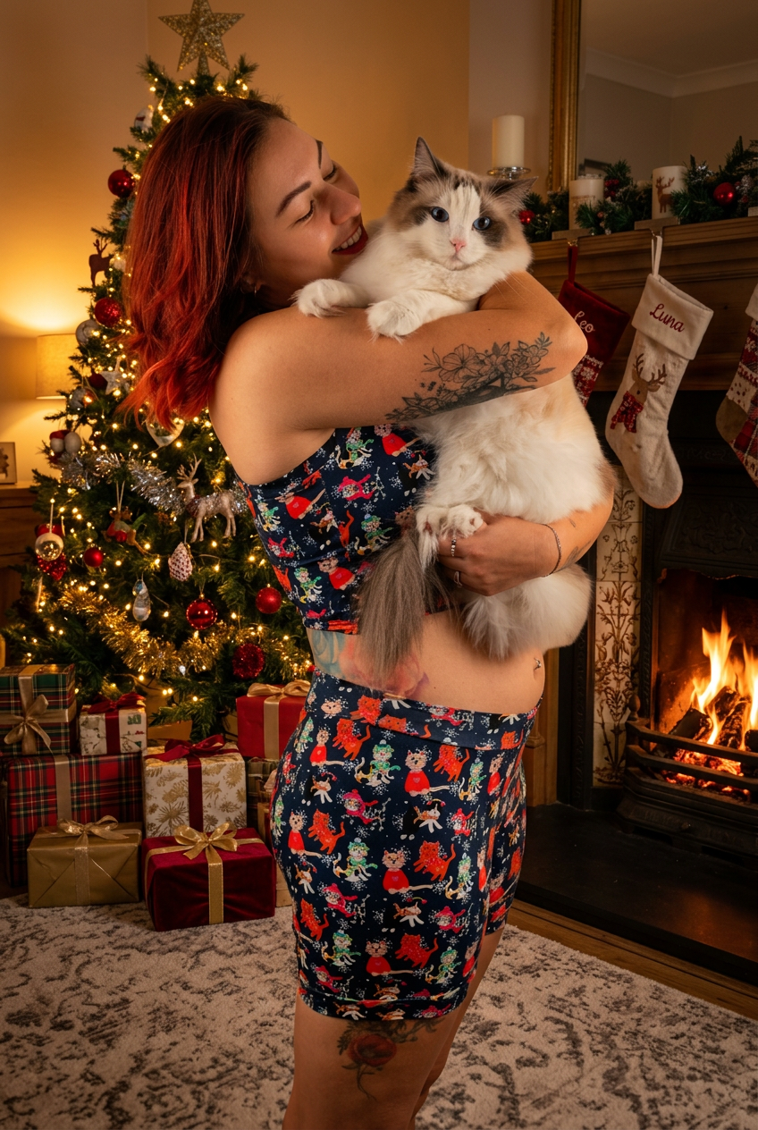 A woman with red hair hugging a fluffy white and gray cat, wearing a matching two-piece floral pajama set with a dark blue base and red, orange, and green floral print, against a solid white background.