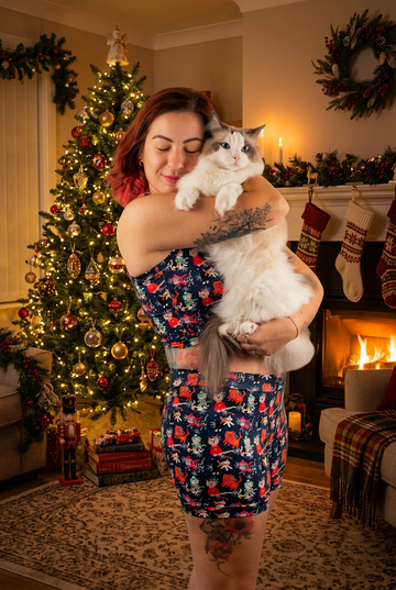 A woman with red hair hugging a fluffy white and gray cat, wearing a matching navy blue two-piece set with a colorful floral pattern, set against a solid white background.