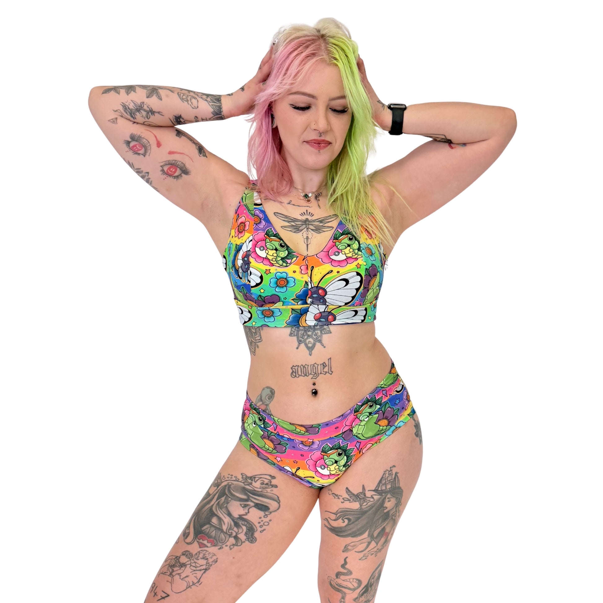 Floral patterned Wilde Mode Comfort Bra by Designed By Debz made from organic cotton, showcasing soft fabric and floral design.