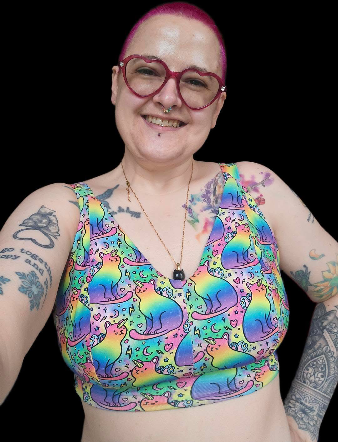 Comfort bra by Designed By Debz featuring rainbow unicorn cats print, organic cotton, soft cups, and wireless support.