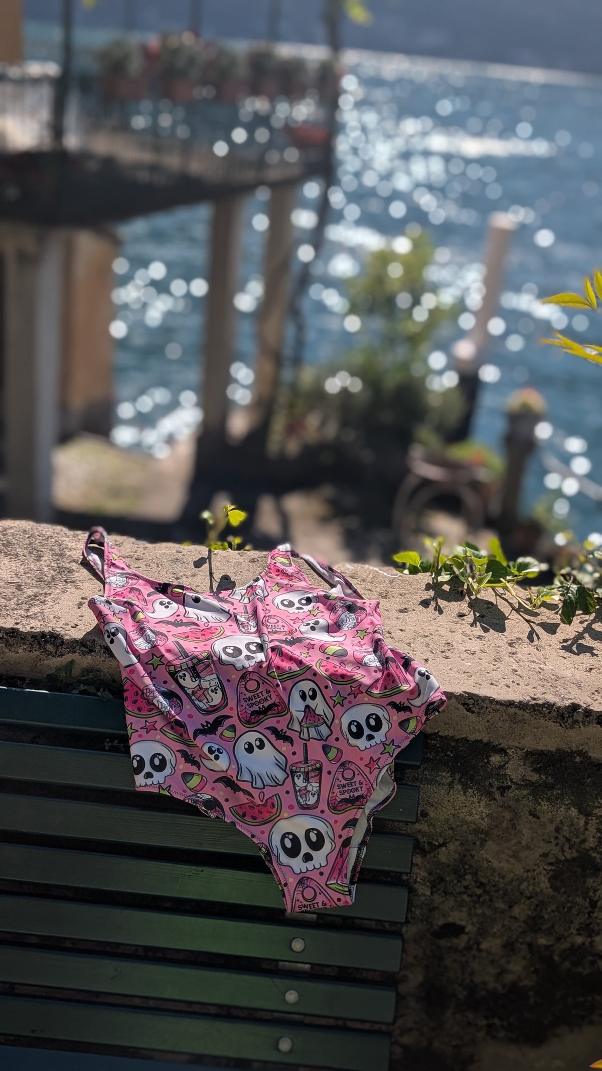 One-Piece Swimsuit | Sweet & Spooky | Ghosts Skulls Watermelons | Pink