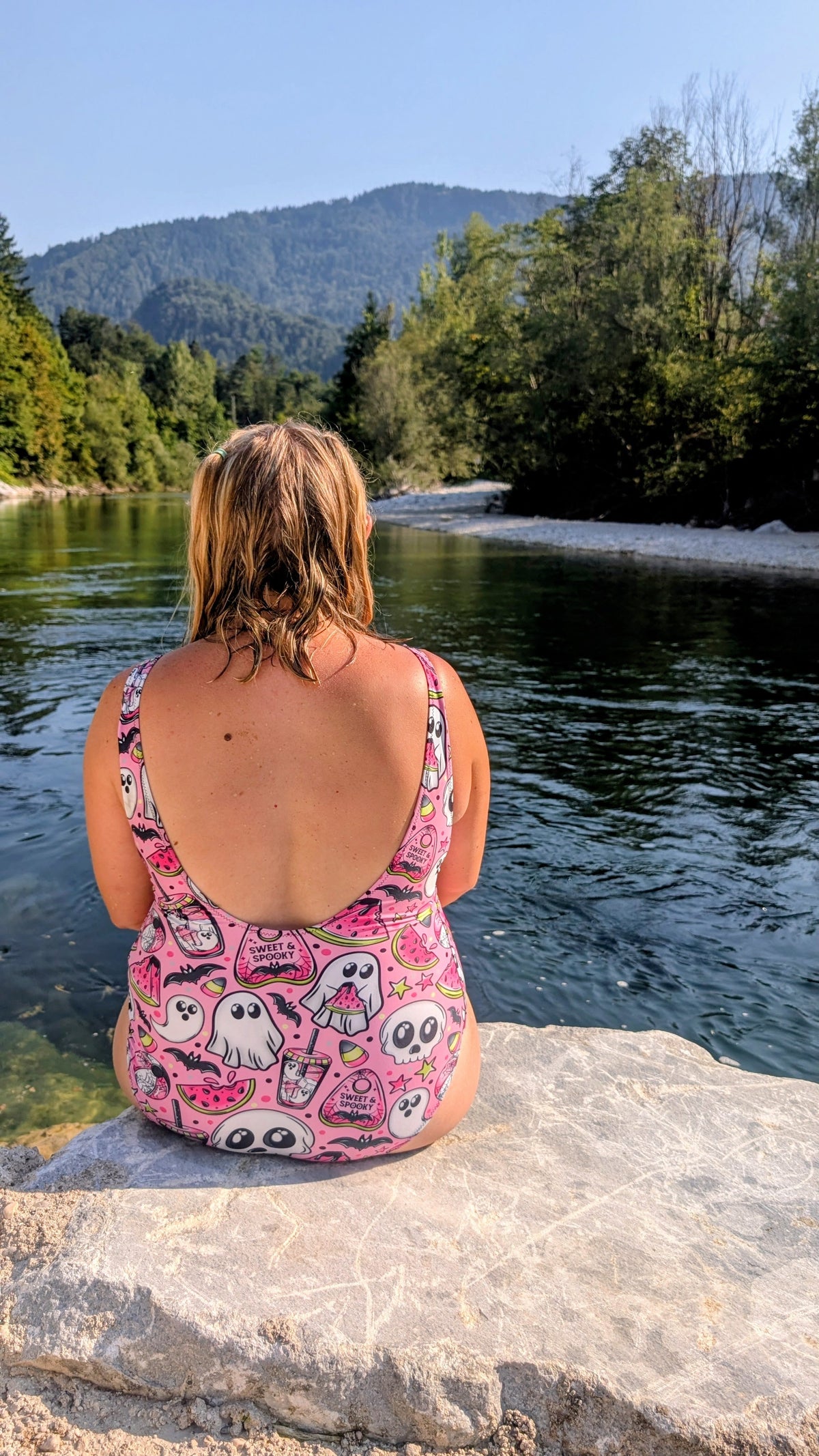 One-Piece Swimsuit | Sweet & Spooky | Ghosts Skulls Watermelons | Pink