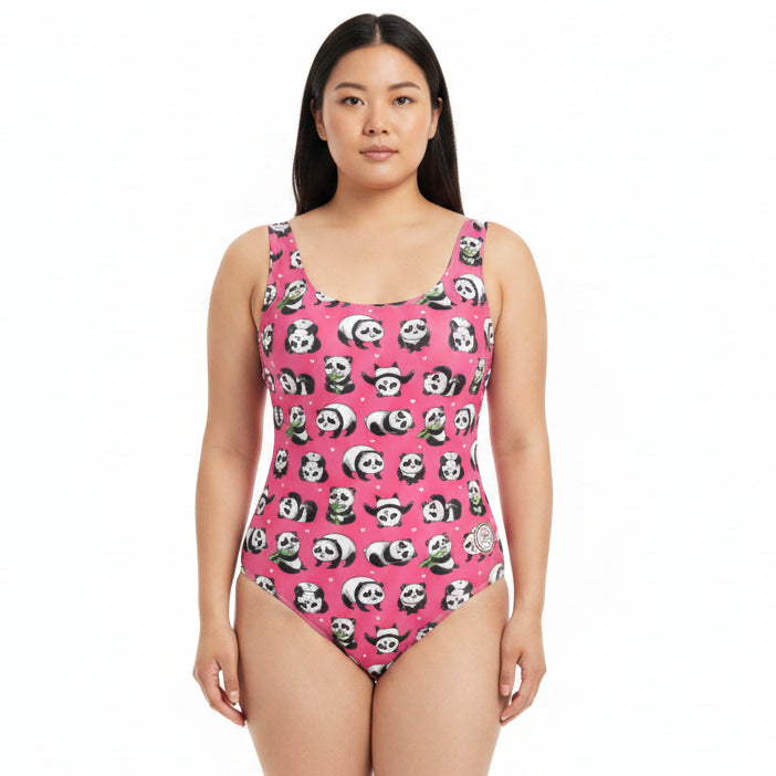 Pink swimsuit with panda pattern on a white background