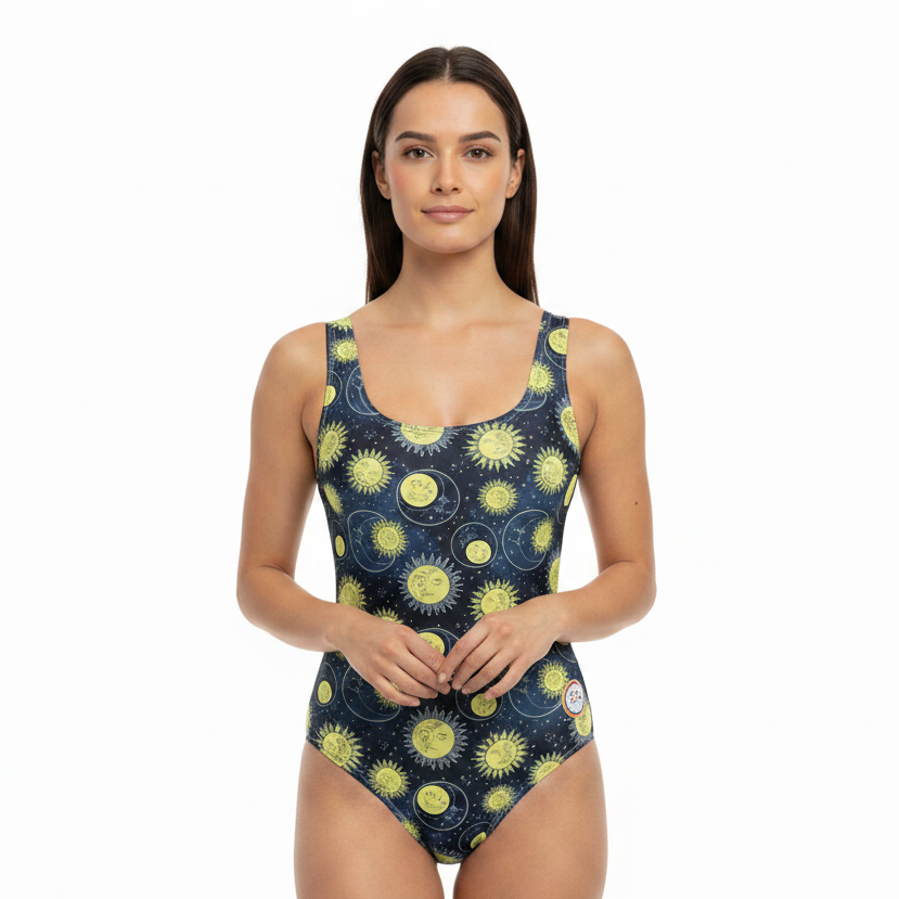 a photo of a woman wearing the stars and moons swimsuit 