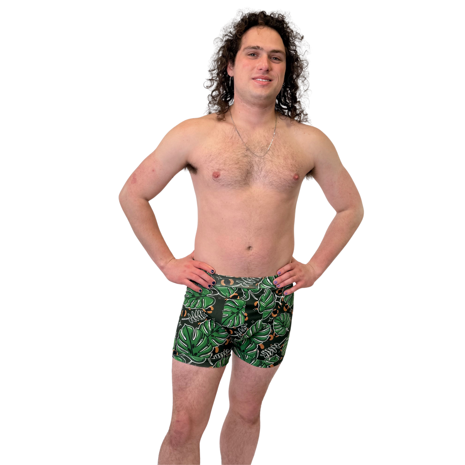 Men's boxers with Monstera plant print made from organic cotton, designed by Debz, featuring a vibrant tropical leaf pattern.