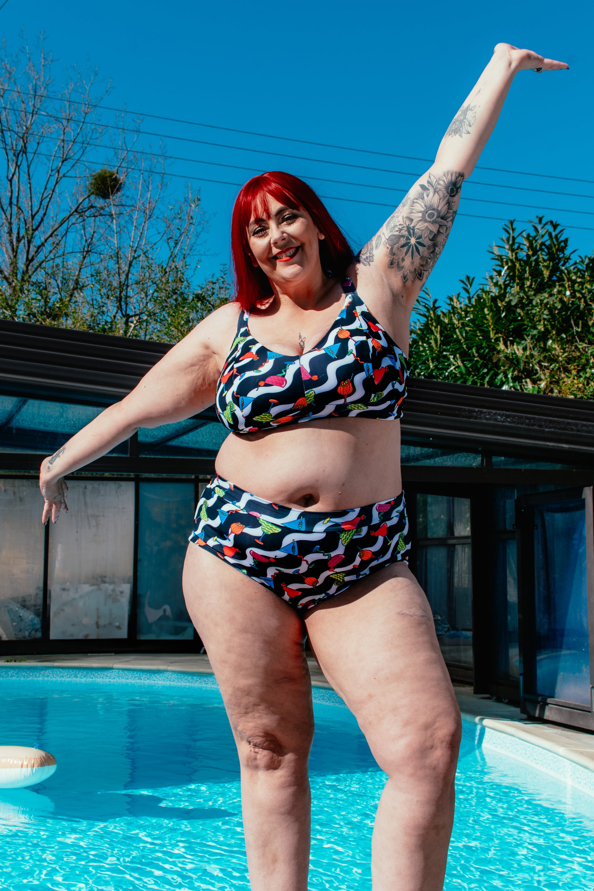 Wilde Mode x Tara Khorzad swim bra by Designed By Debz featuring soft cups, wire-free, non-wired design in a stylish cocktail waves pattern.