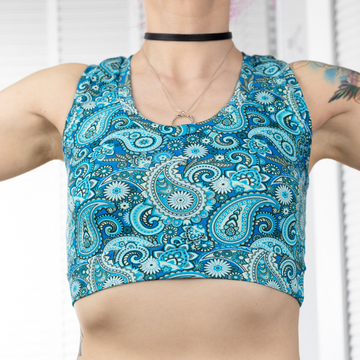 Blue paisley print Comfort Bralette by Designed By Debz made of organic cotton, shown on a model with soft fabric details.