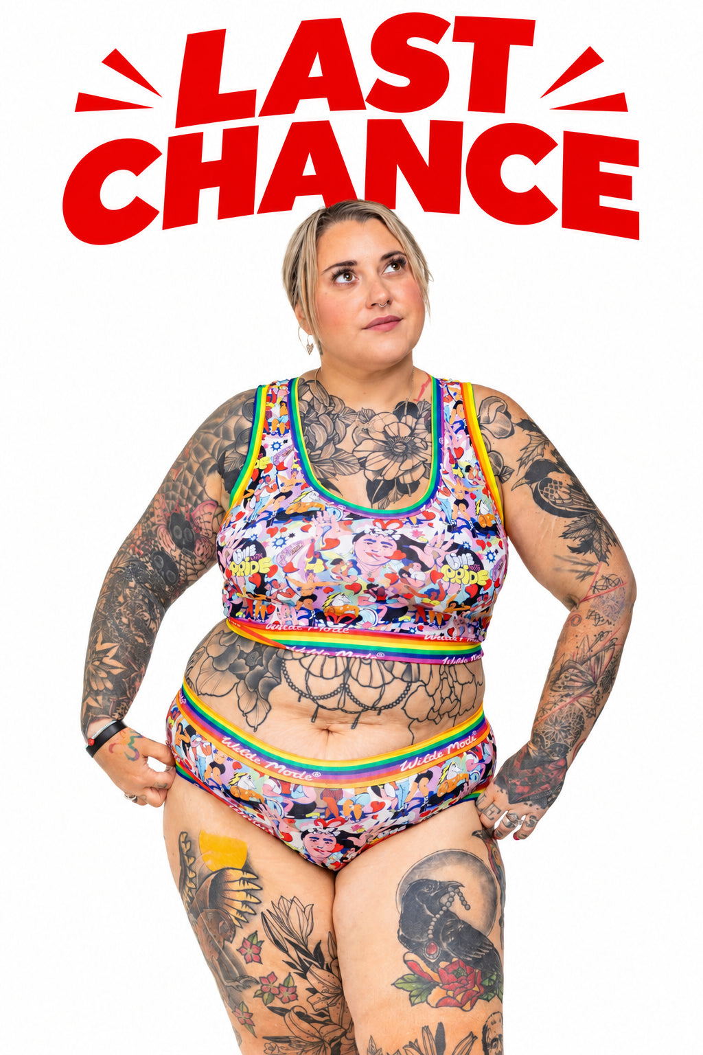 Organic cotton briefs from Wilde Mode X Inma Hortas Pride People collection, designed by Debz, featuring colorful, comfortable underwear.