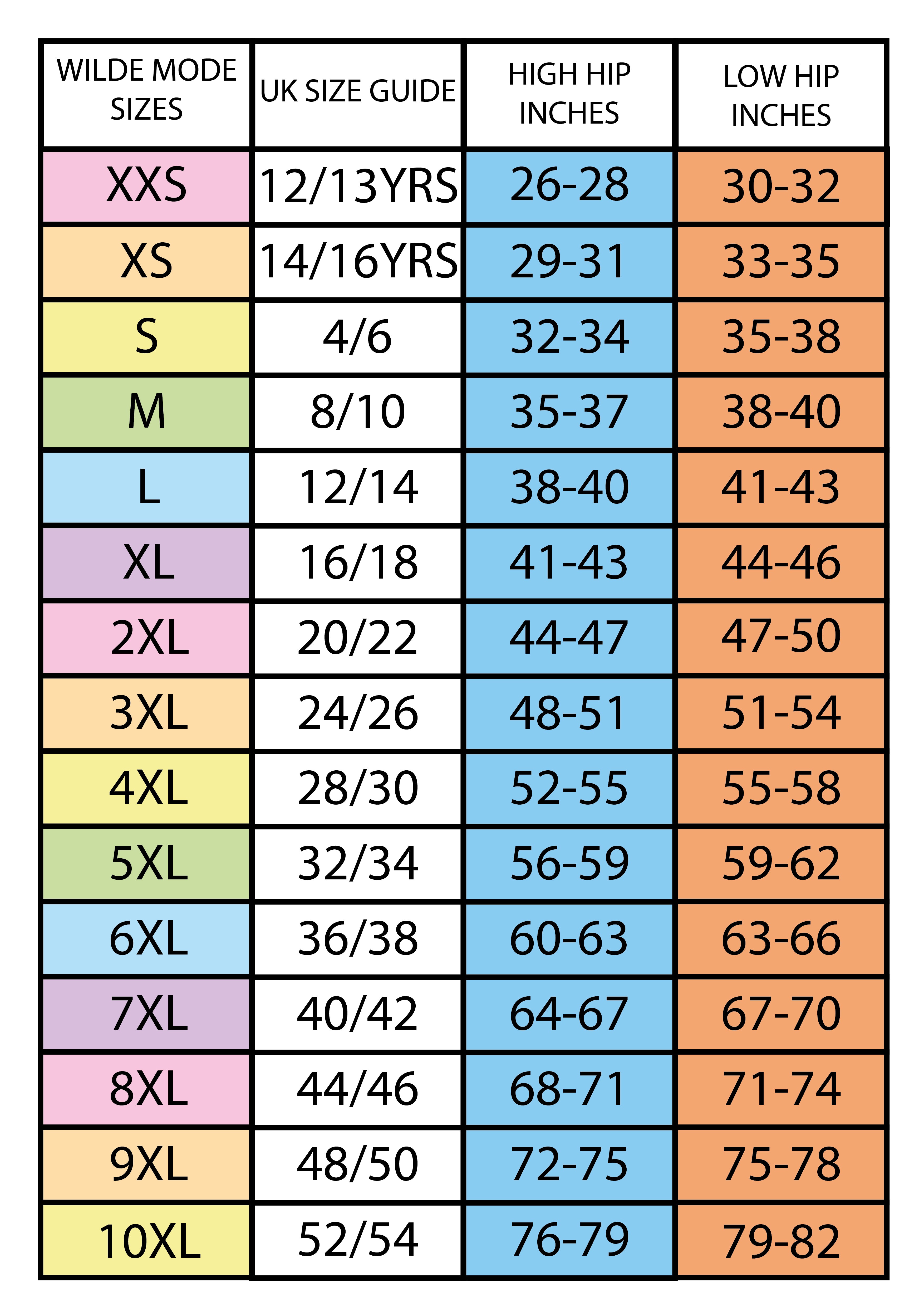 A size chart table showing sizes from XXS to 10XL with a UK size guide, high hip inches, and low hip inches in color-coded columns.