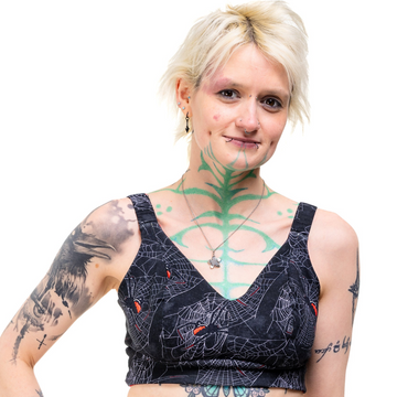Black comfort bra by Designed By Debz with Wilde Mode spider print, organic cotton, soft cups, and wire-free design.