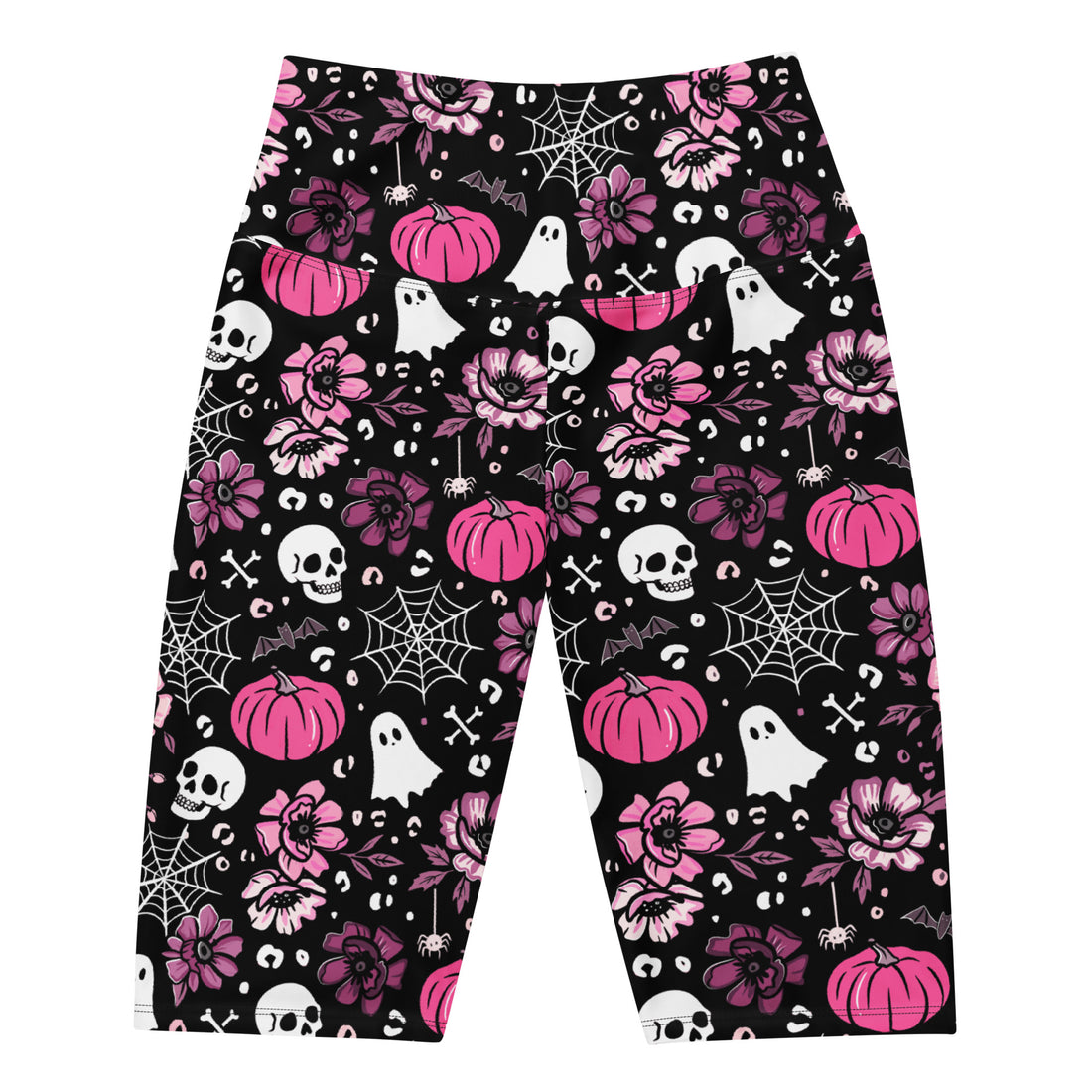 Printful Halloween pink swim biker shorts with all-over print and UPF 50+ protection, front view on white background.