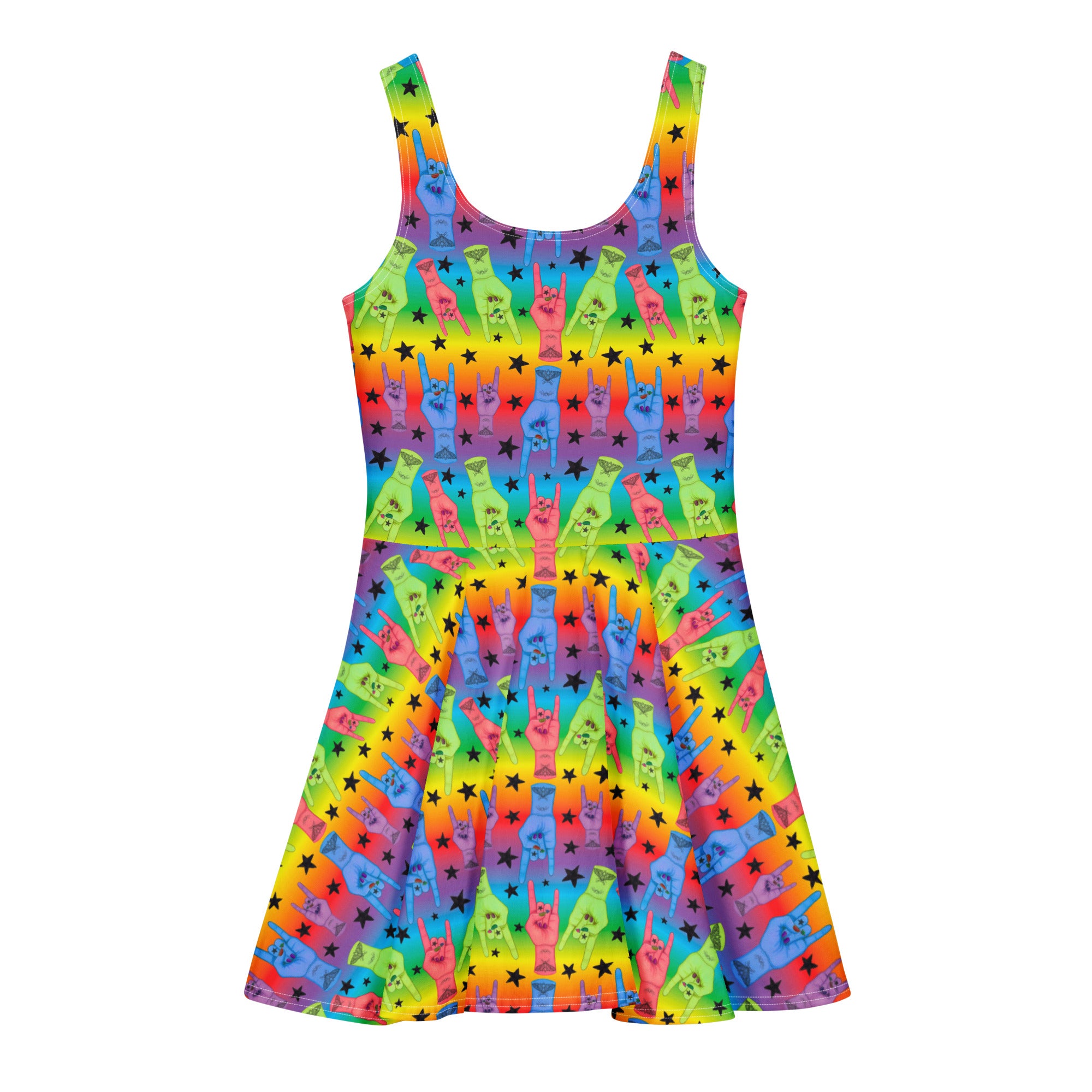 All-over-print white cotton skater dress by Printful featuring a King tribute design, shown from the back in size XS to 3XL