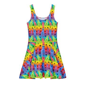 White cotton skater dress by Printful with all-over king tribute print, available in XS to 3XL.