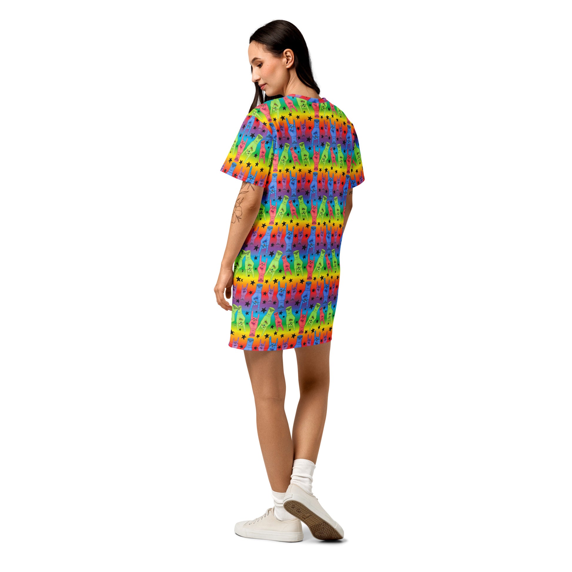 White cotton T-shirt dress by Printful featuring all-over print with a regal "Hail to the King" Brandon tribute design.