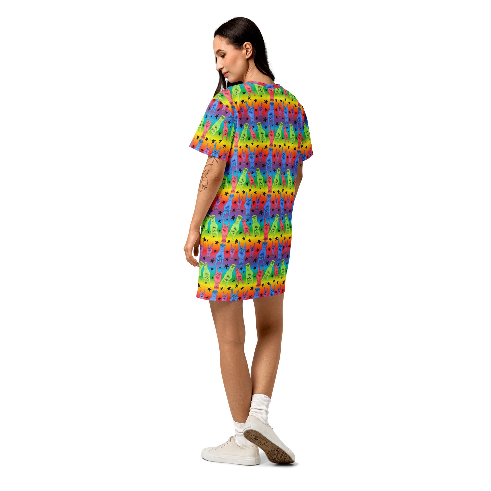 White cotton T-shirt dress by Printful featuring all-over print with a regal "Hail to the King" Brandon tribute design.