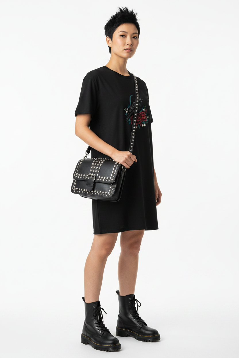 Gothic Crow, Moon & Roses Cotton T-Shirt Dress | Gothic Mini Dress