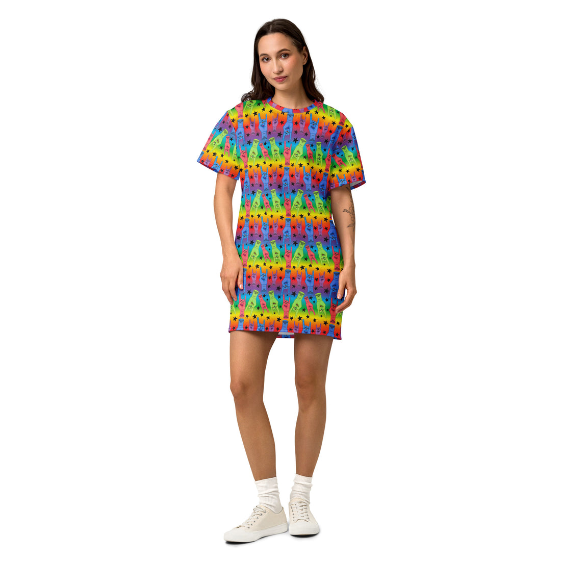 White cotton t-shirt dress featuring all-over print with a tribute design by Printful, casual and comfortable for everyday wear.