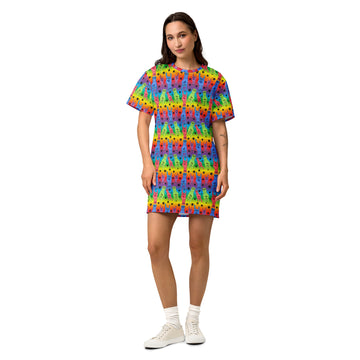 White cotton t-shirt dress featuring all-over print with a tribute design by Printful, casual and comfortable for everyday wear.