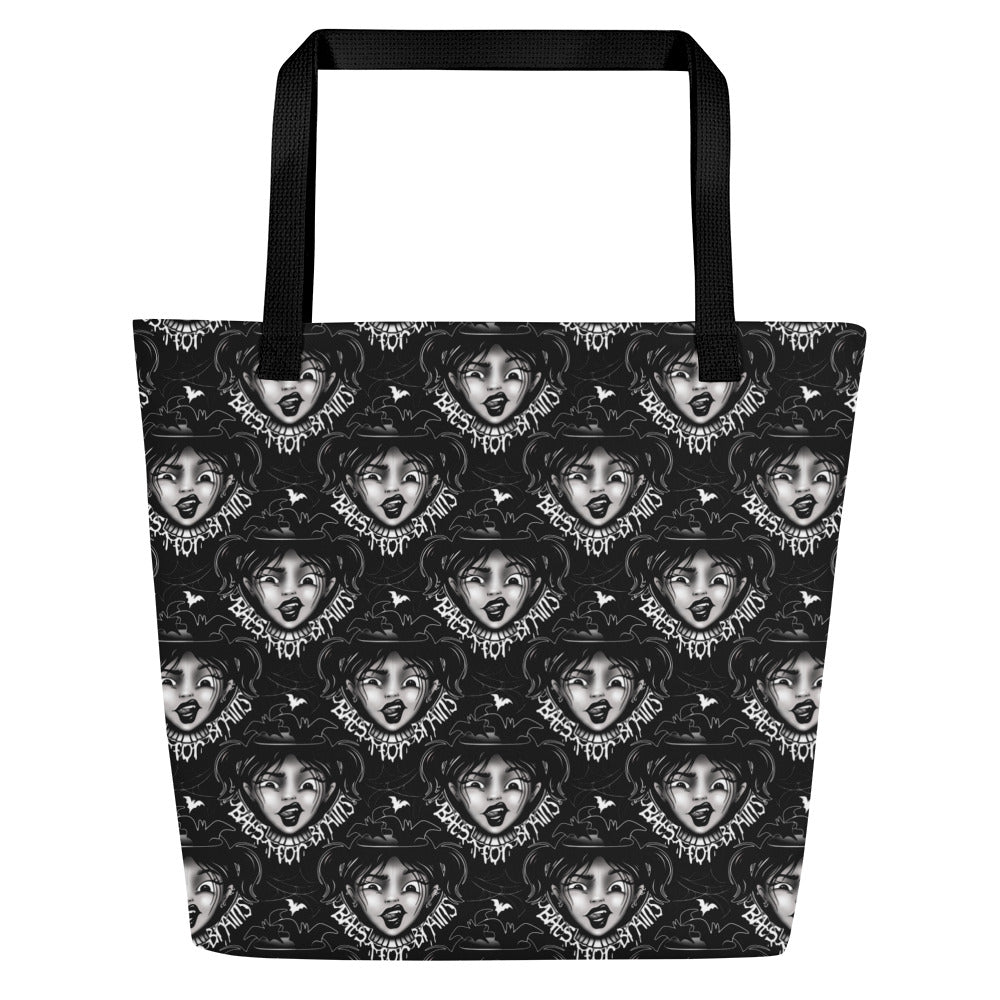 Large tote bag with all-over bats for brains print, featuring a front pocket, in black color, by Printful.