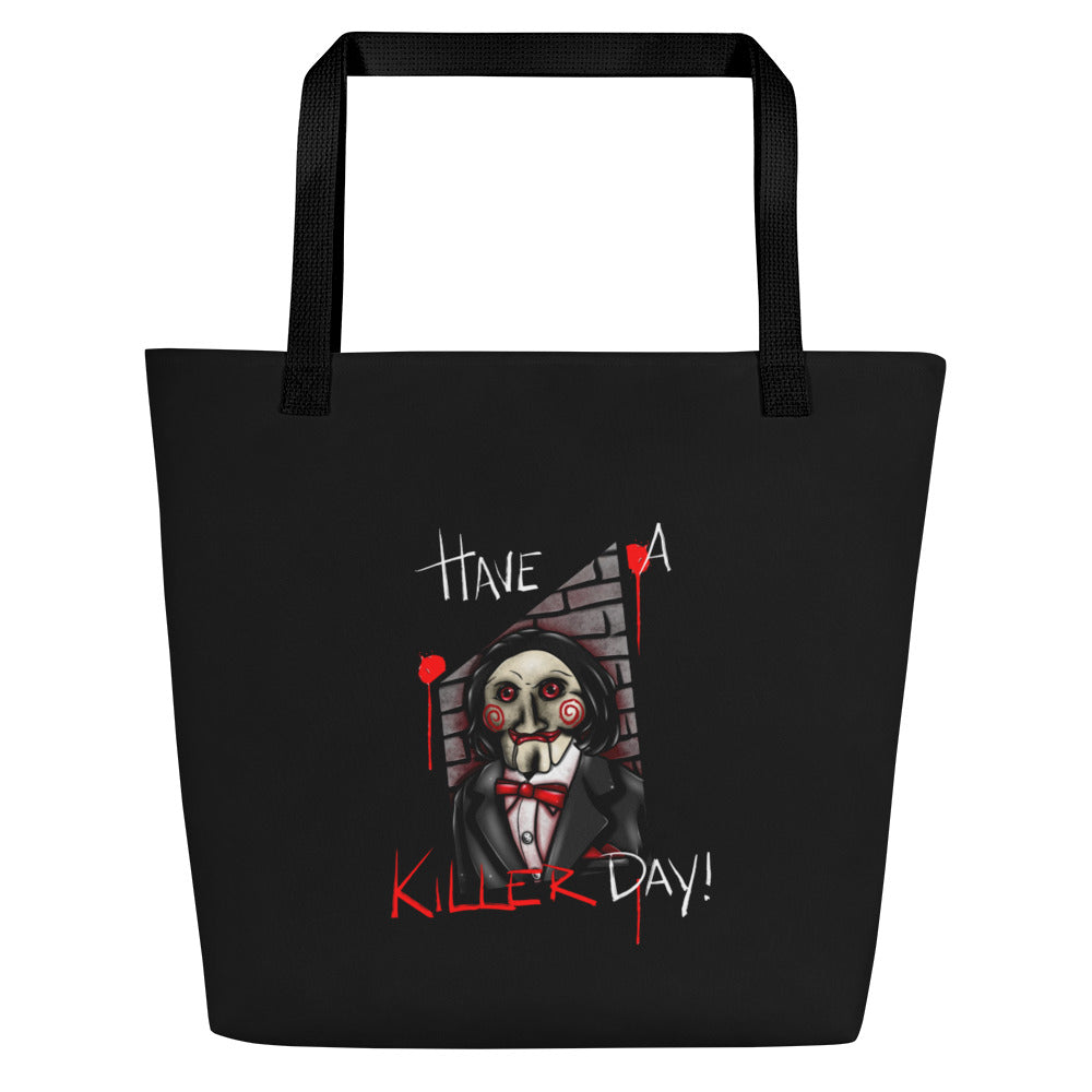 Large tote bag by Designed By Debz featuring all-over Jigsaw Killer Series print with front pocket in black.