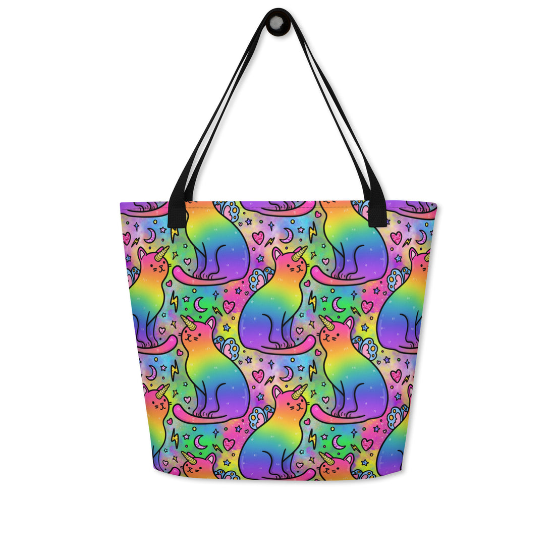 Rainbow unicorn cats tote bag by Designed By Debz, large all-over-print tote with front pocket and colorful unicorn cat design.