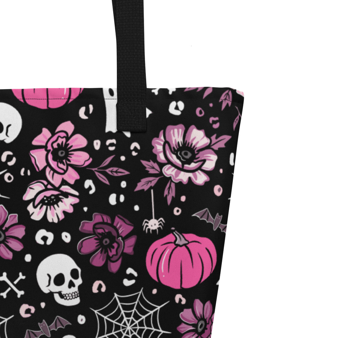 Large pink Halloween tote bag with all-over print and front pocket, designed by Printful for stylish carrying.