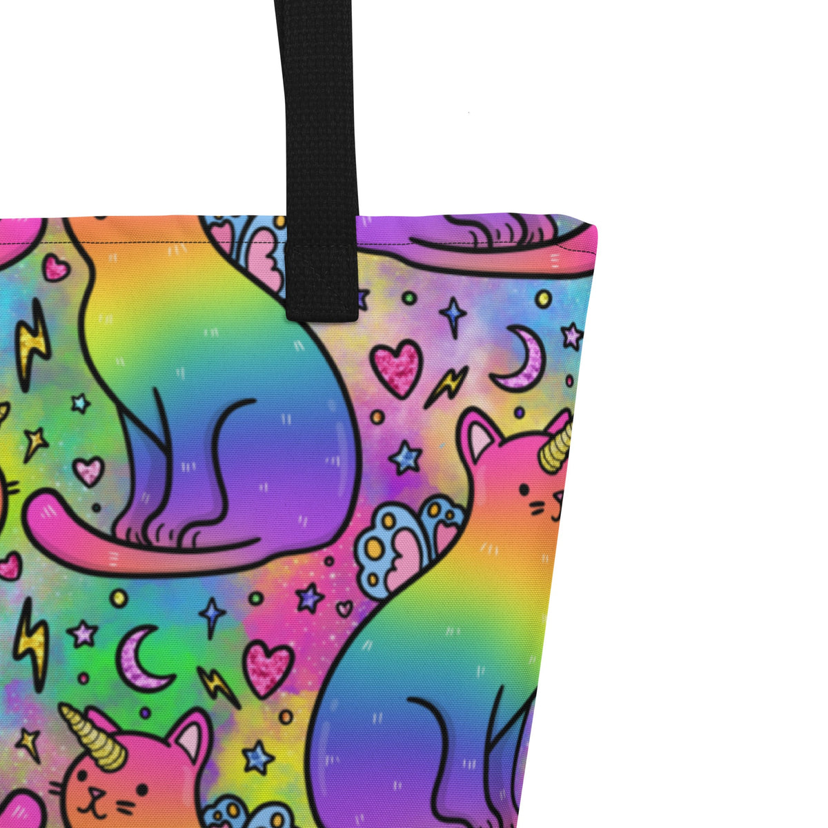 Large tote bag featuring rainbow unicorn cats design by Designed By Debz with an all-over print and front pocket.