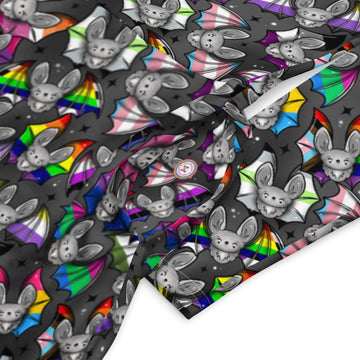Long-sleeve midi dress with pride bats print, made by Printful, featuring pockets and all-over colorful bat pattern on white fabric.