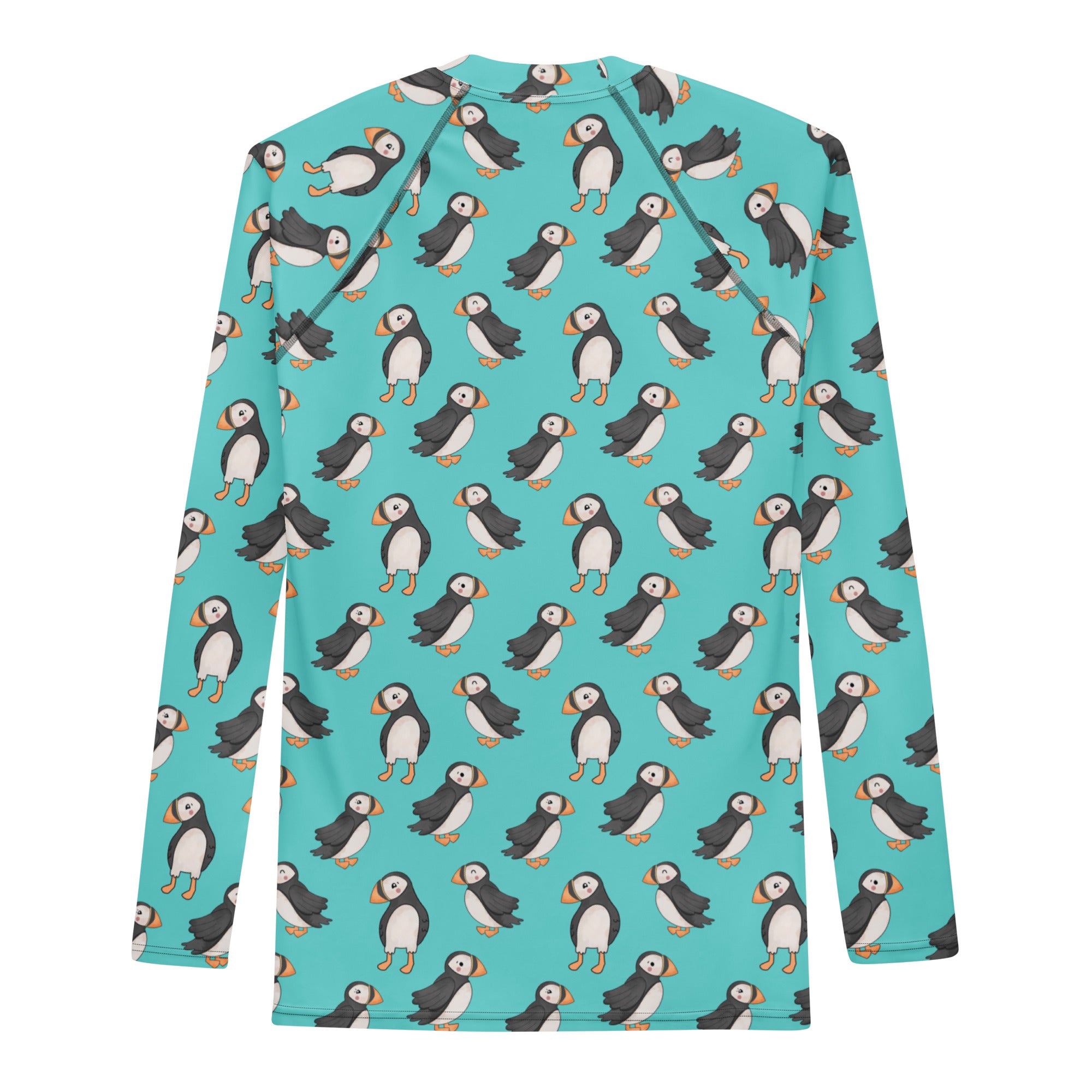 Unisex Puffin Recycled Long Sleeve Rash Guard by Printful with all-over puffin print on white background.