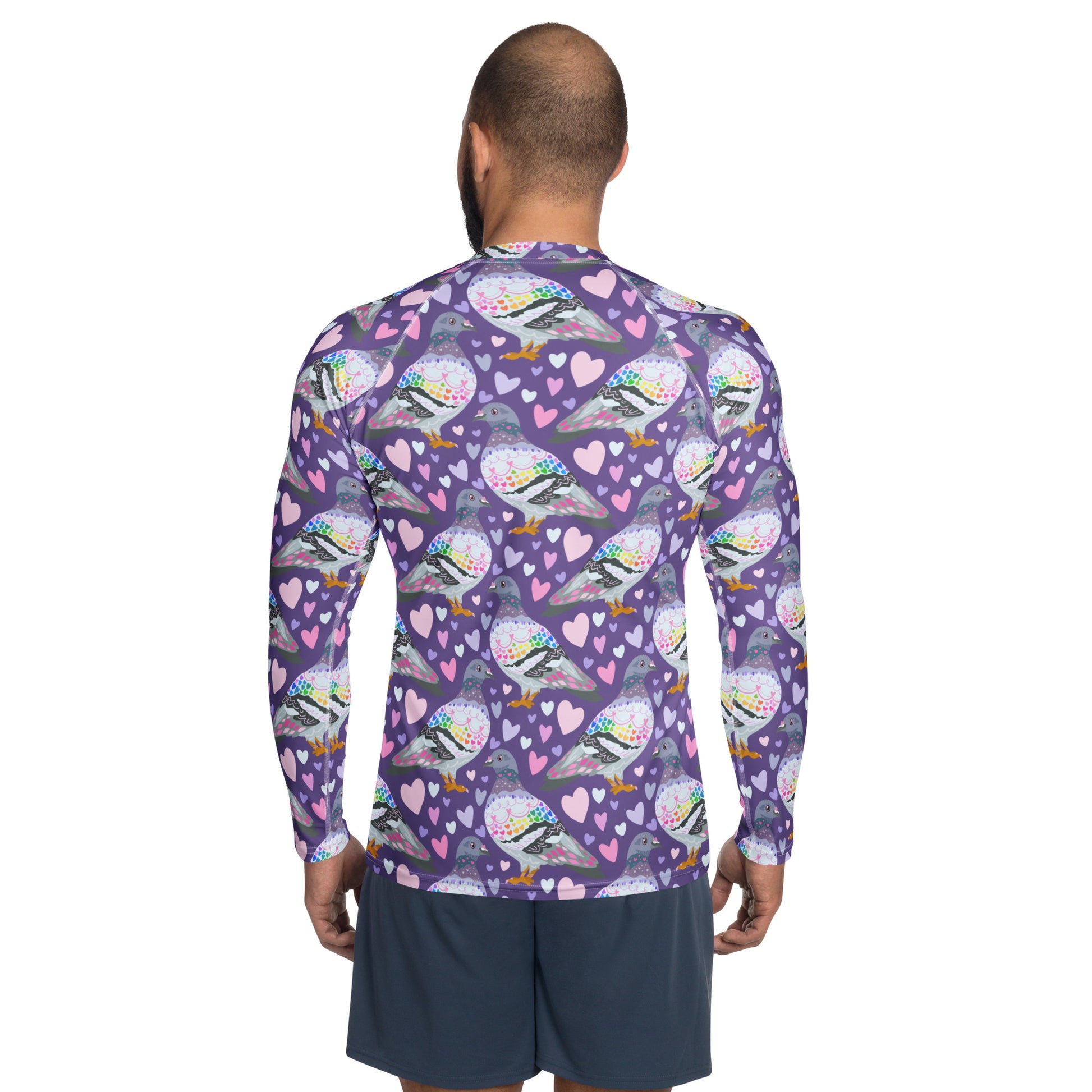Unisex white long sleeve rash guard with all-over pigeon love print, made from recycled materials, by Printful.